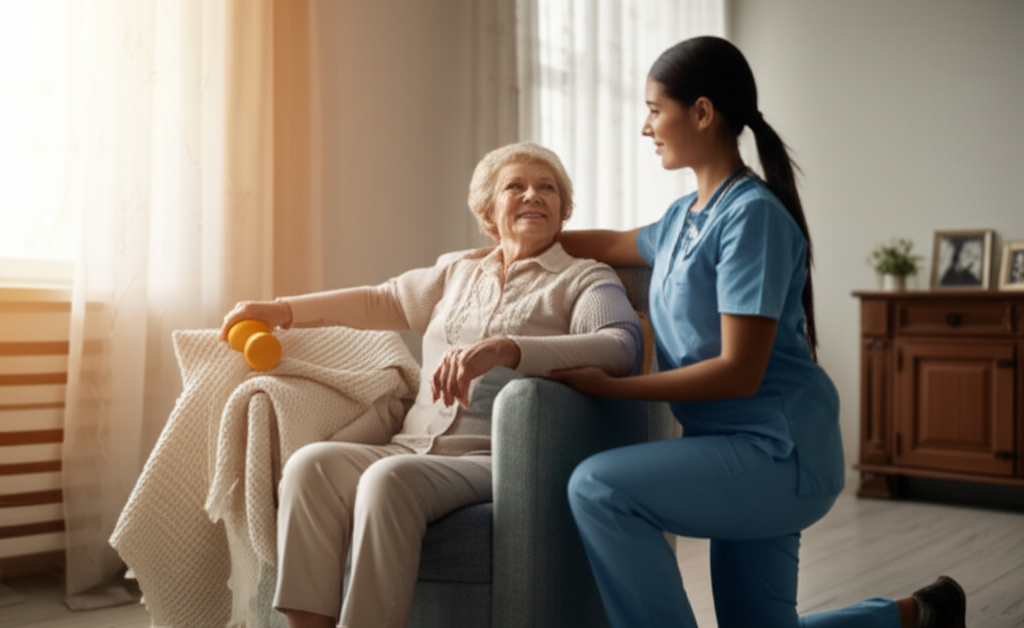 Physical therapist helping a senior patient at home